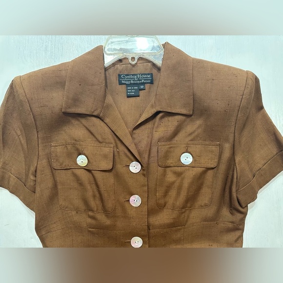 Cynthia Howie Silk Shirt Dress 8P Brown Button Front Vintage Career Midi - Picture 11 of 11
